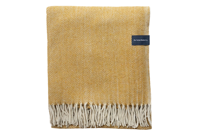 Recycled Wool Knee Blanket In Mustard Herringbone Contemporary by The
