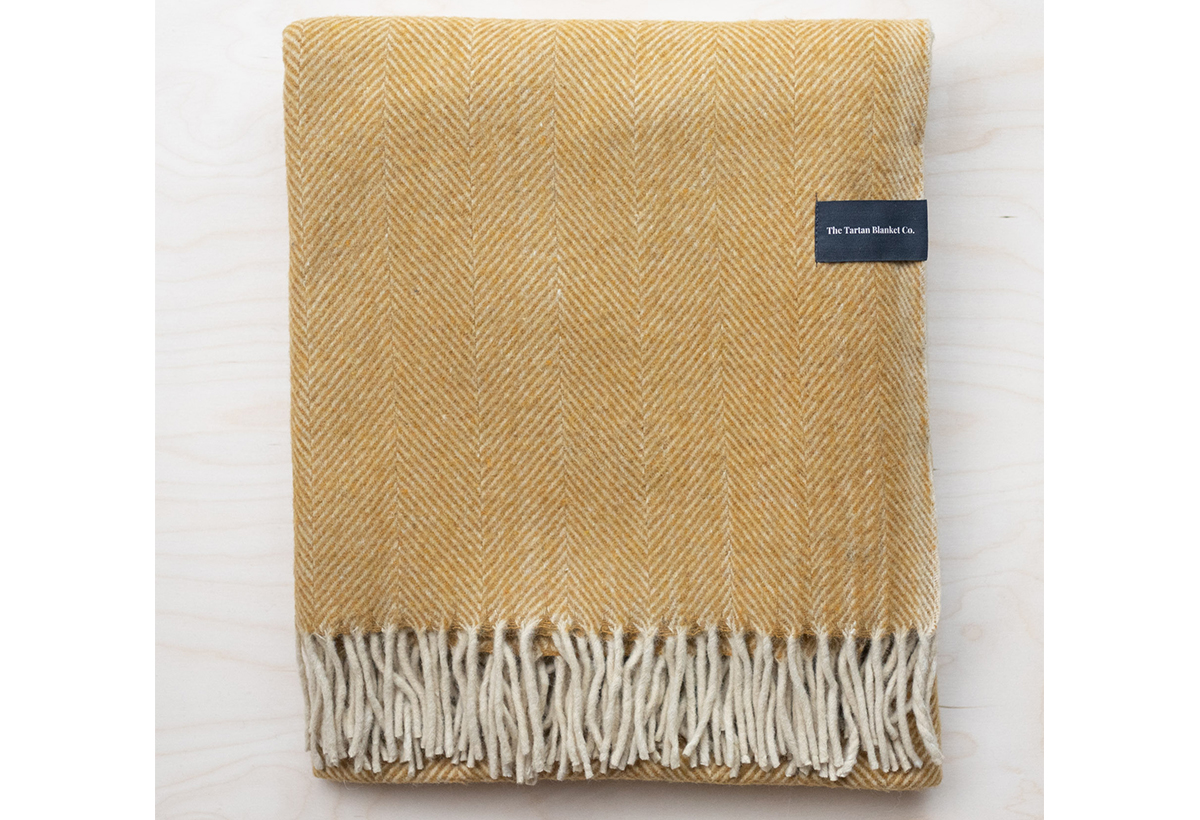 Recycled Wool Knee Blanket In Mustard Herringbone Contemporary by The