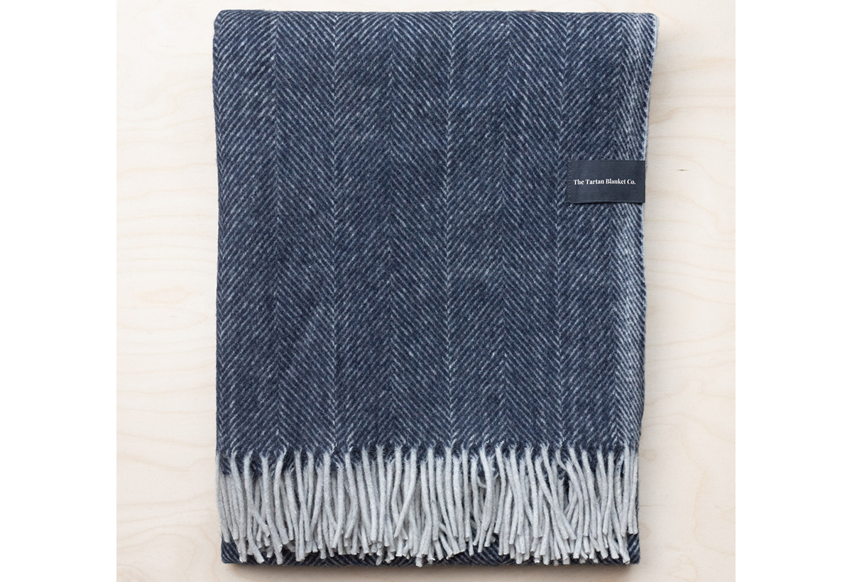 Recycled Wool Knee Blanket In Navy Herringbone Contemporary by The