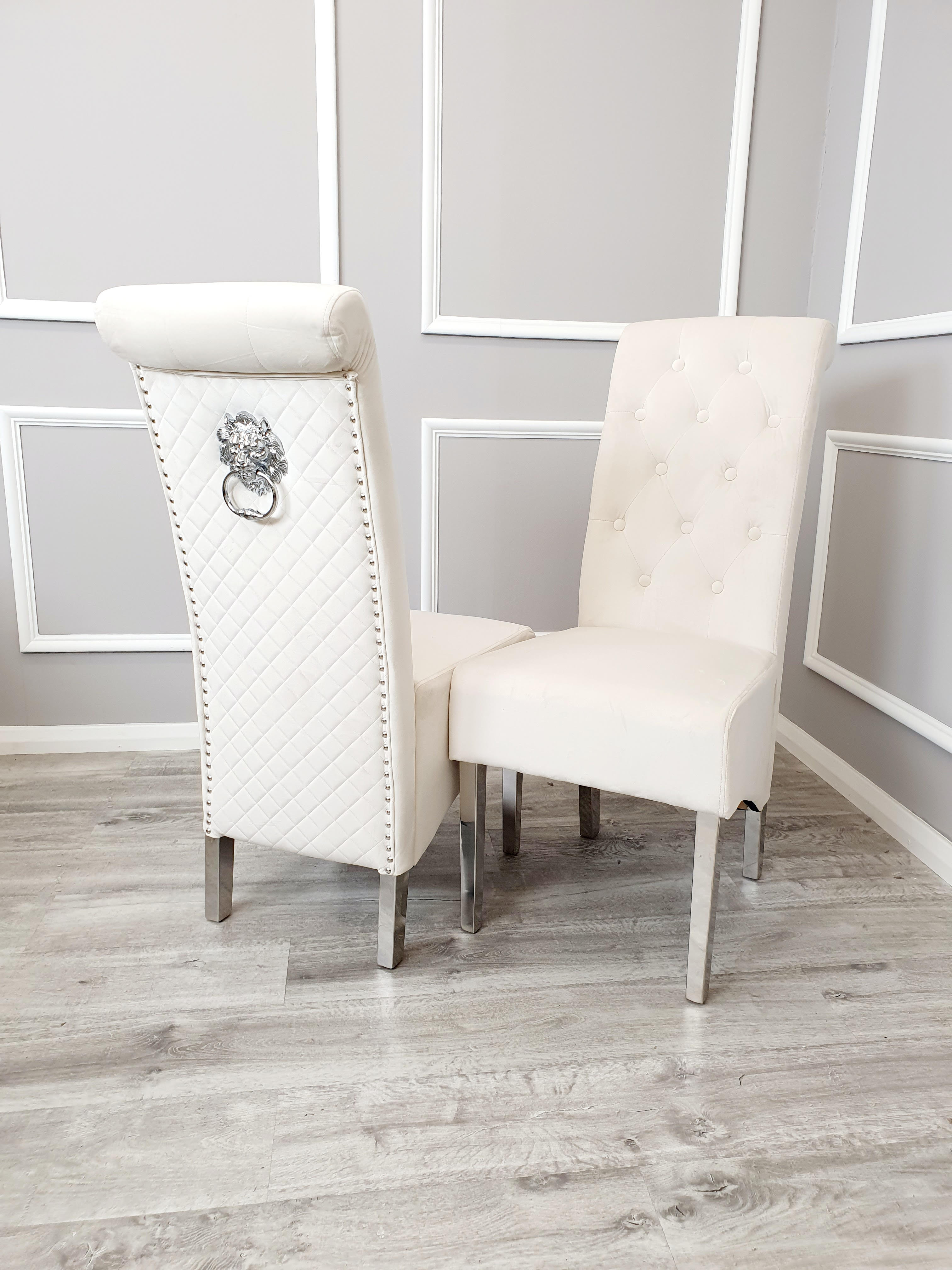 Emma Dining Chair In Cream Velvet With Quilted Back And Chrome Lion